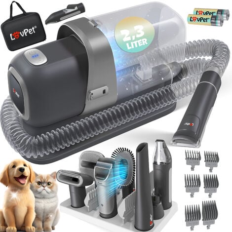 Lovpet® Tondeuse pour chiens avec aspirateur Tondeuse silencieuse avec AKKU Kit de toilettage avec accessoires pour chiens & chats Tondeuse pour poils d'animaux Anthracite / Gris clair