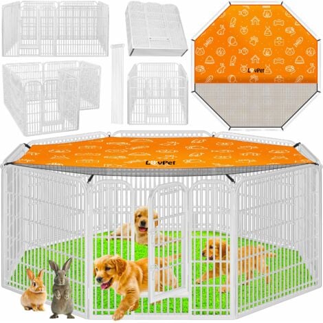 LovPet Welpenlaufstall Freilaufgehege Welpenauslauf Hundelaufstall Tierlaufstall Hunde mit Tür und wetterfester laufstall Für Hund Katze Welpe Weiß / XXL (mit Schutzplane)