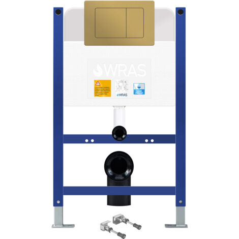 Low Height 0.75m Wall Hung Toilet Frame Dual Flush Concealed Cistern - Brushed Gold Plate