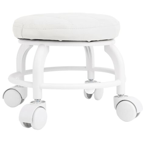 Low Roller Seat PU Leather Low Stool Mute Wheel Swivel Low Height Round Roller Chair for Home Office Garage Shop White