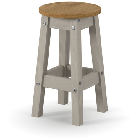 Low Round Breakfast Stools (Set of 2) - Pine - L32 x W32 x H50.8 cm - Grey/Antique Waxed Pine - Flat Packed