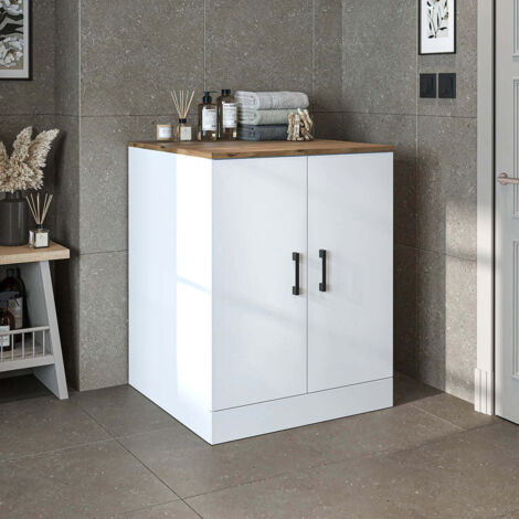Low Washing Machine Cabinet with Double Doors - Oak Effect and White