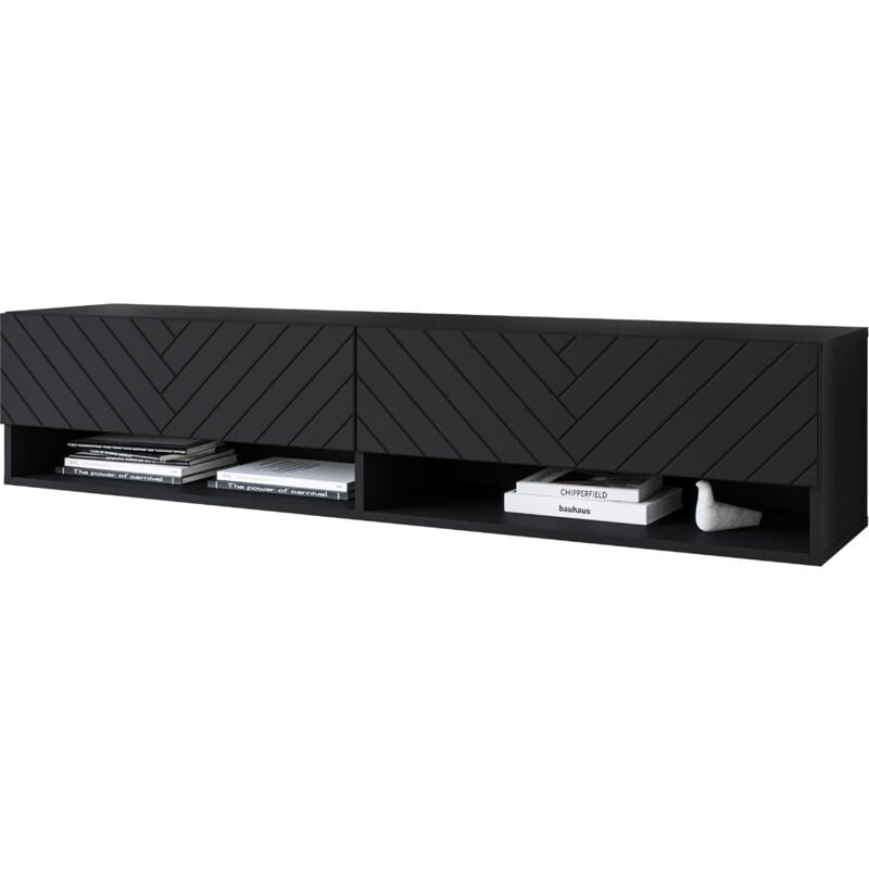 Muebles Slavic - Meuble tv Lowboard a 140 cm, meuble tv sans éclairage led, deux étagères, coloris chevrons noir mat