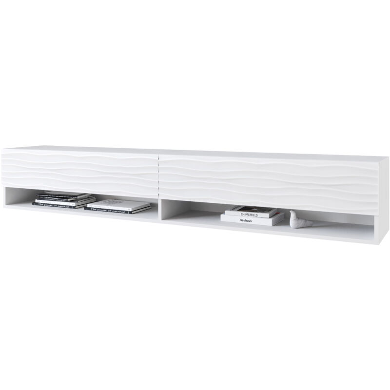 Muebles Slavic - Meuble tv Lowboard a 180 cm, meuble tv sans éclairage led, deux étagères, couleur blanc ondulé