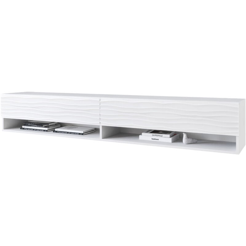 Muebles Slavic - Meuble tv Lowboard a 180 cm, meuble tv avec éclairage led, deux étagères, couleur blanc ondulé