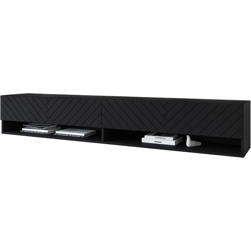 Meuble TV Lowboard A 180 cm, meuble TV sans éclairage LED, deux étagères, chevrons noirs