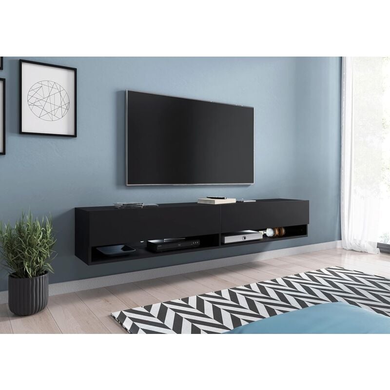 Muebles Slavic - Meuble tv Lowboard a 180 cm, meuble tv avec éclairage led, deux étagères, coloris noir mat