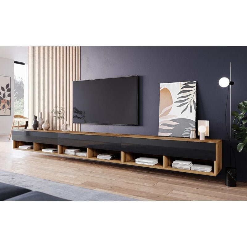 Muebles Slavic - Meuble tv 300 cm lowboard a, meuble tv, sans éclairage led, couleur wotan/noir brillant