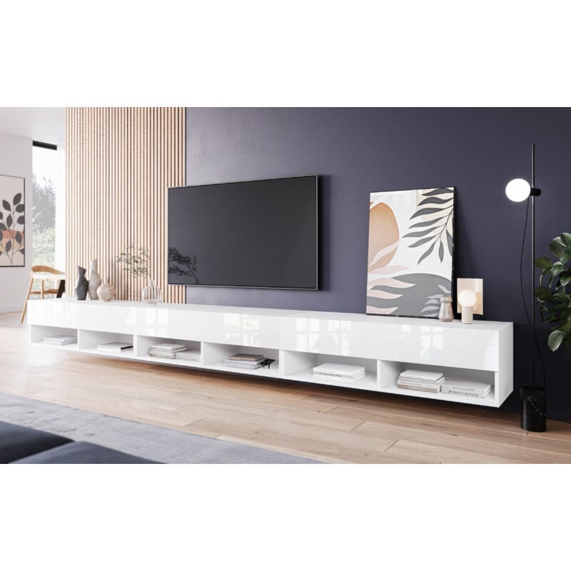 Meuble tv 300 cm lowboard a, meuble télévision, éclairage led inclus, coloris blanc/blanc brillant