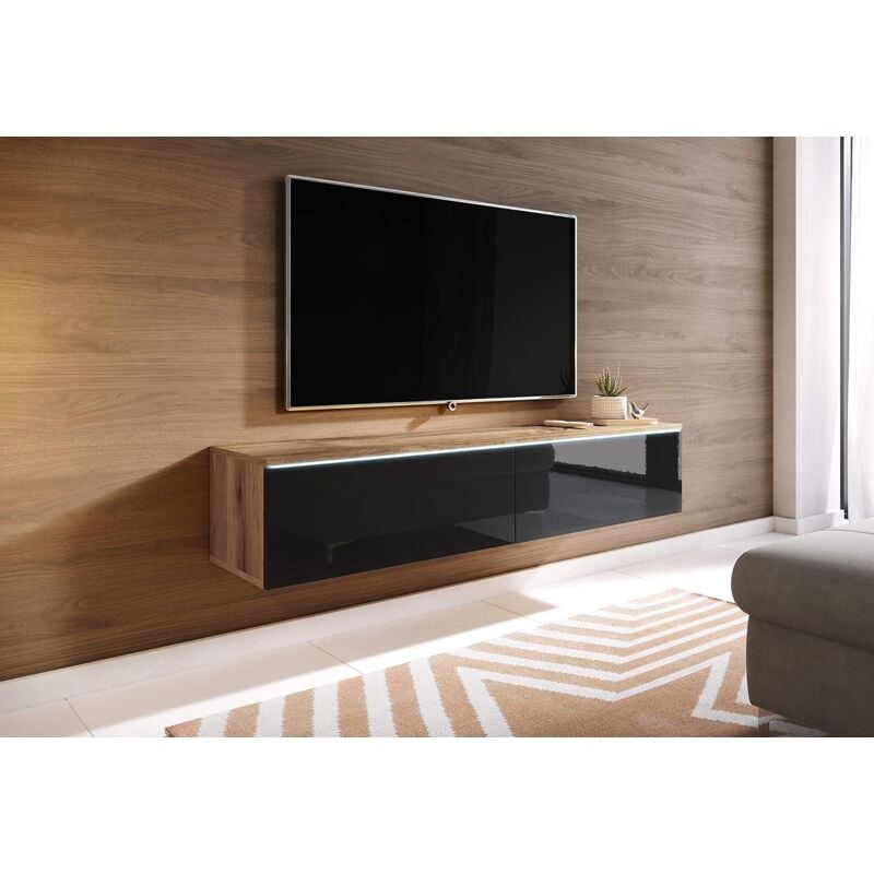 Muebles Slavic - Meuble tv Lowboard d 140 cm, meuble tv avec éclairage led, meuble tv suspendu, couleur wotan/noir brillant
