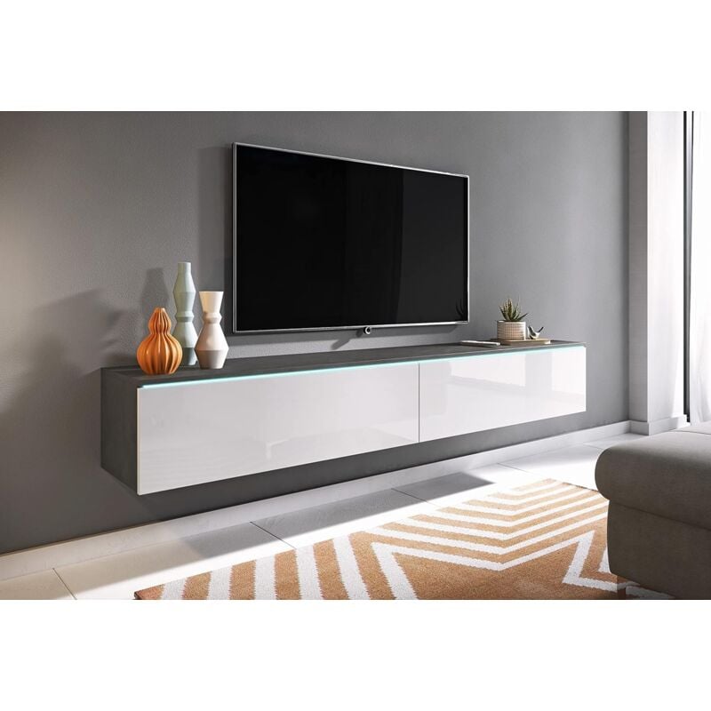 Muebles Slavic - Meuble tv Lowboard d 180 cm, meuble tv avec éclairage led, meuble tv suspendu, coloris matera/blanc brillant