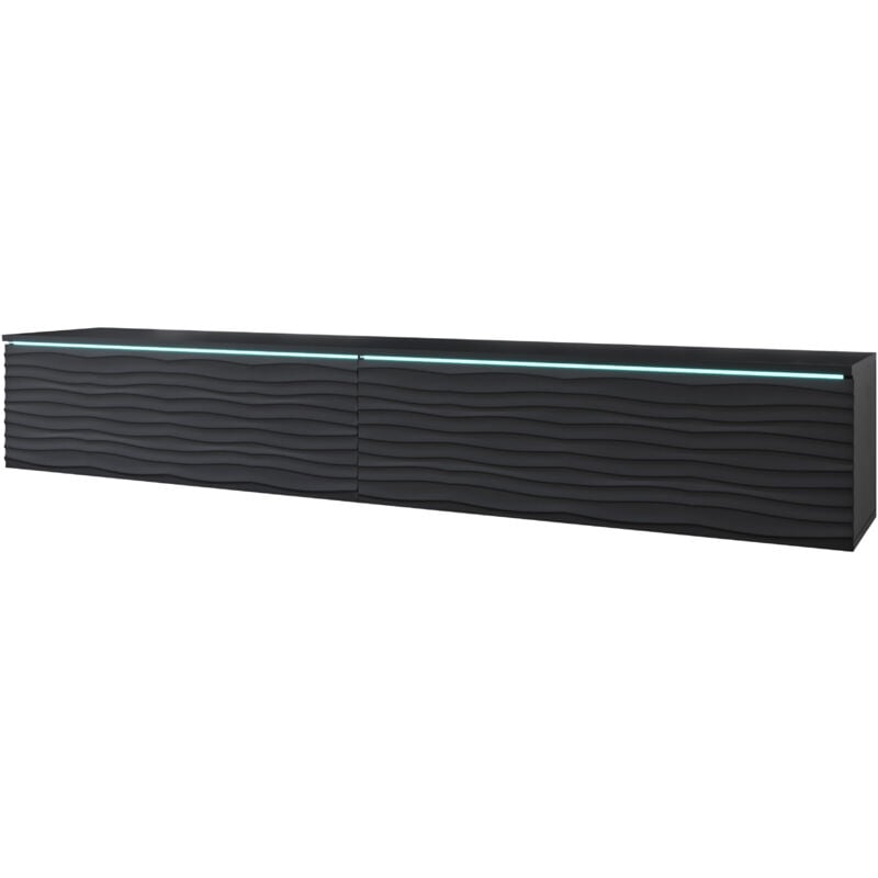 Muebles Slavic - Meuble tv Lowboard d 180 cm, meuble tv avec éclairage led, meuble tv suspendu, couleur noir ondulé
