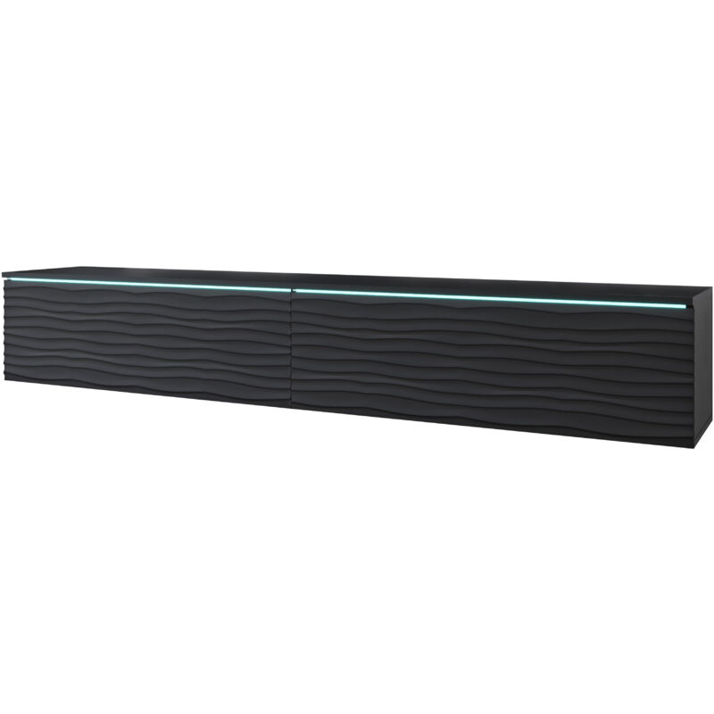 Muebles Slavic - Meuble tv Lowboard d 180 cm, meuble tv sans éclairage led, meuble tv suspendu, couleur noir ondulé