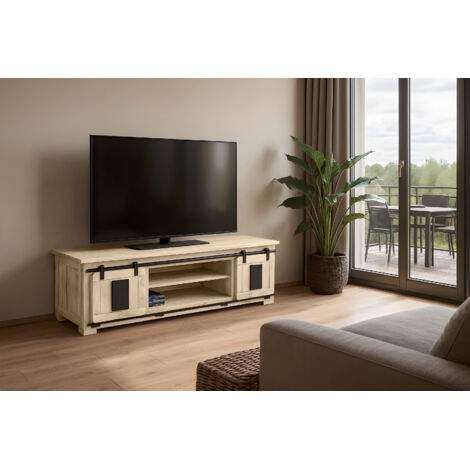 Lowboard Kommode TV-Board mit Schiebetüren & 6 Fächern Akazie massiv eiche 180 x 55 x 50 cm LIBRO