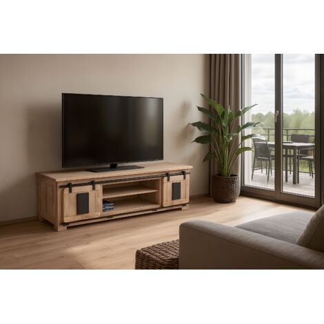 Lowboard Kommode TV-Board mit Schiebetüren & 6 Fächern Akazie massiv natur 180 x 55 x 50 cm LIBRO