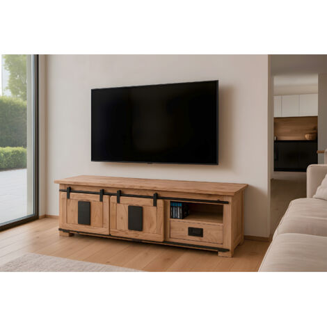 Lowboard Kommode TV-Board mit Schiebetüren, Schubfach & 3 Fächern Akazie massiv natur 160 x 45 x 50 cm LIBRO