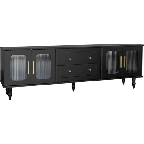 Lowboard, meuble de salon à style rétro : poignées dorées, grande capacité d’entreposage des objets. Il est équipé d’une porte en verre et de pieds en bois massif.