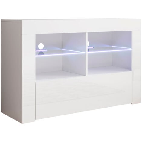 Lowboard Stehend mit LED TV-Schrank Fernsehtisch Stehend TV Möbel TV-Ständer 1 Schublade 100x65x35cm Modell Lilian Weiss Glanz
