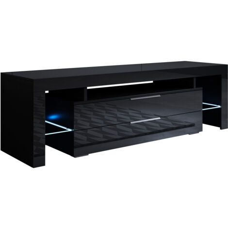 Lowboard Stehend mit LED  TV-Schrank  Fernsehtisch  Stehend  TV Möbel  TV-Ständer  2 Schubladen  145x45x35cm  Modell Selma  Schwarz Glanz