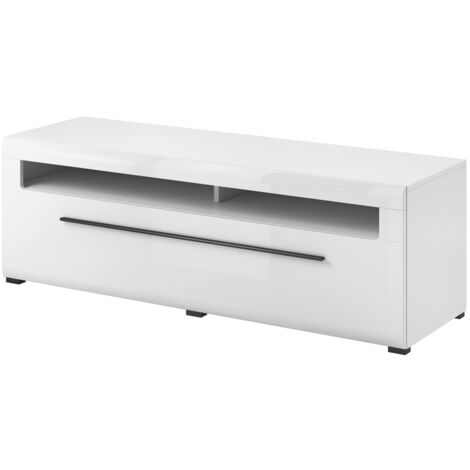 Lowboard weiß 140 cm breit TURDA-83 Hochglanz Oberfläche inkl. LED Beleuchtung, B/H/T: ca. 140/52/50 cm