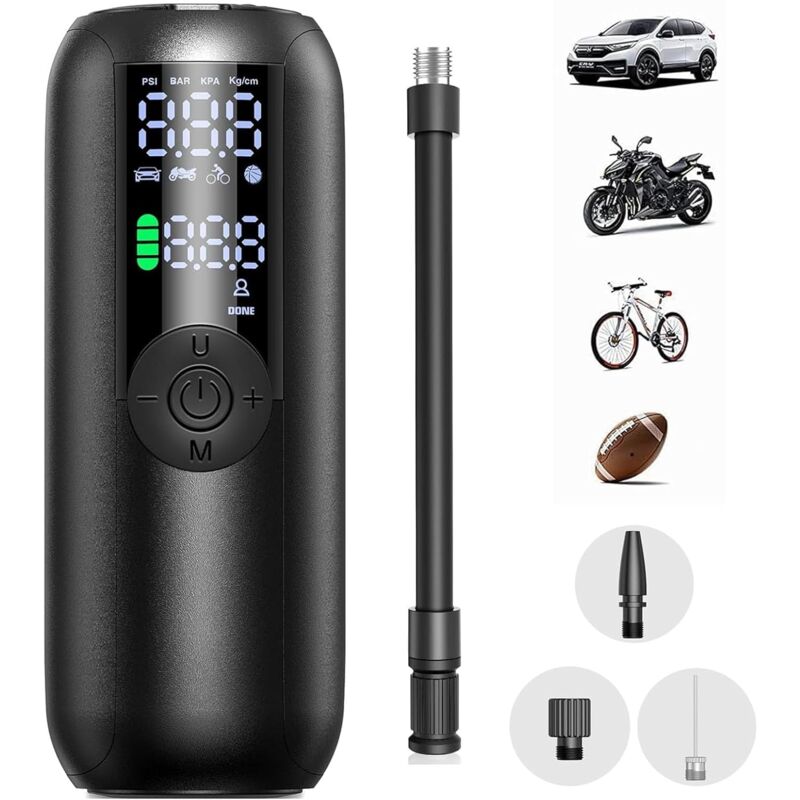 LP1 Gonfleur Pneus Voiture Pompe a Velo Electrique pour Les Vélos, Les Motos et Les Voitures 150PSI Auto Shut-Off avec Valve Presta, Schrader et