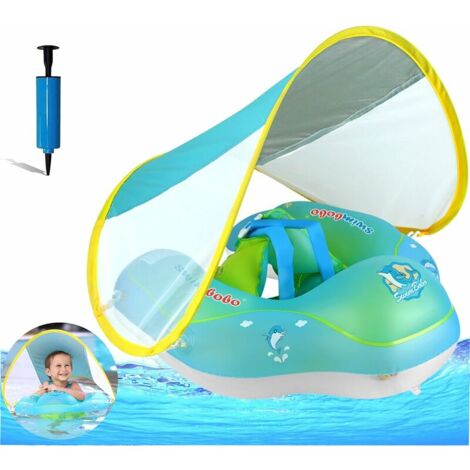 LTS FAFA Bouee Bebe avec Parasol Amovible Bleu Siege Bébé Bouee Piscine Enfant de 6 à 36 Mois Nouveau Bouée de Natation Gonflable(L,diamètre intérieur 16CM)