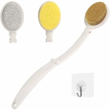 LTS FAFA Brosse de Bain, Brosse Dos Douche Long Manche 3 en 1 Éponge Pierre Ponce Laveur de Corps Poils Raides Massage Exfoliant Brossage à Sec