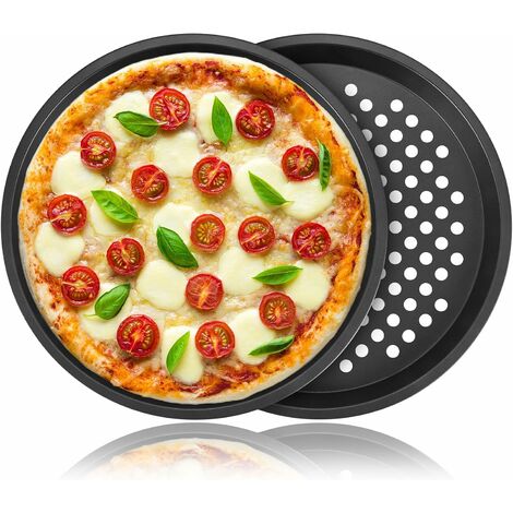 Plaque à pizza 30,5 cm Plaques de cuisson à pizza antiadhésives Moule à  tarte Bac à légumes avec trou rond en acier au carbone professionnel pour  four 2 ensemble (un trou un