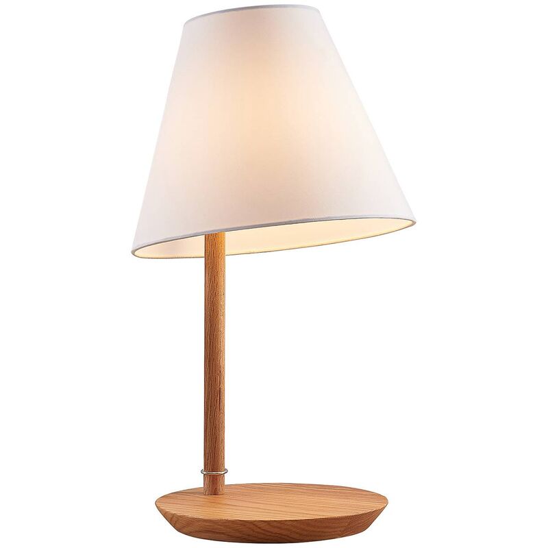 Image of Jinda lampada tavolo legno, stoffa bianca - bianco, rovere scuro - Lucande