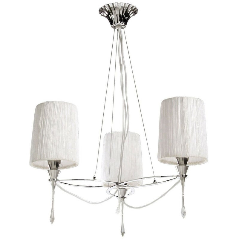 Inspired Mantra Lucca Pendant 3 Light E27, Polished Chrome With White Shades & Clear Crystal