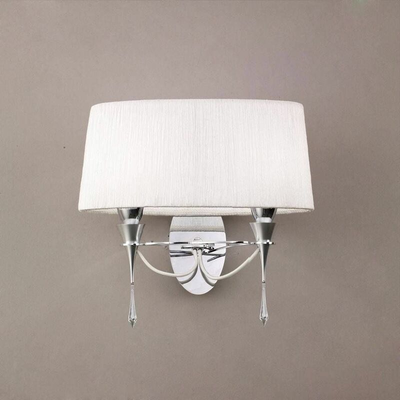 09diyas - Lucca wall light with switch 2 Bulbs E27, polished chrome with white lampshade & transparent crystal
