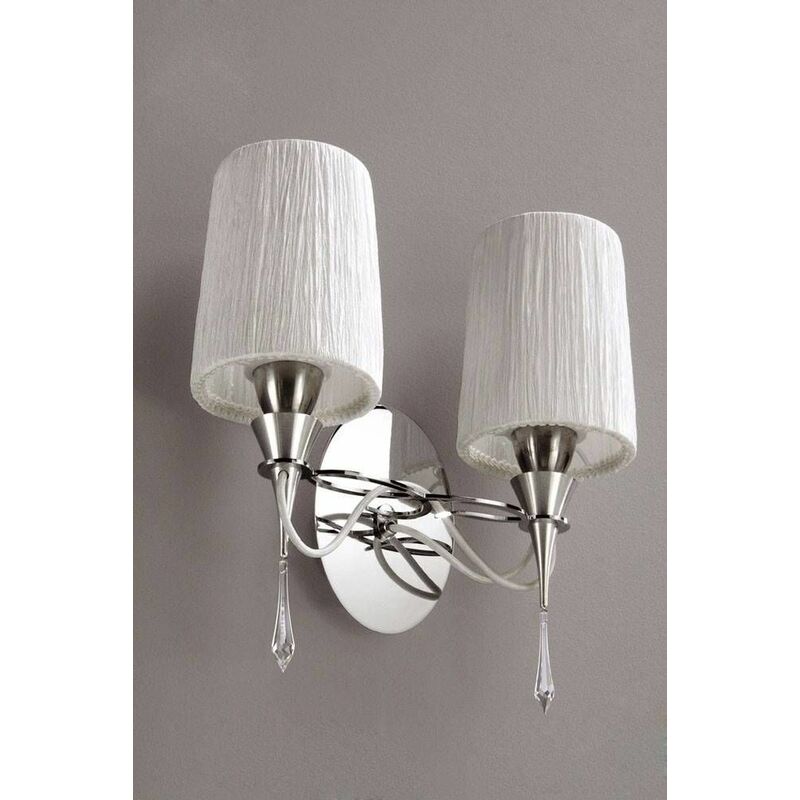 09diyas - Lucca wall light with switch 2 Bulbs E27, polished chrome with white lampshades & transparent crystal
