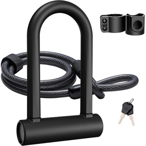 Lucchetto a U resistente per biciclette, con anello di bloccaggio da 16 mm e cavo di sicurezza da 1,20 m a 1,80 m. Fornito con una robusta staffa di montaggio, è adatto per biciclette, motociclette, e