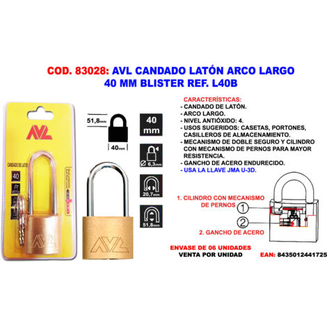 Lucchetto AVL Finstock in ottone arco lungo blister 40mm