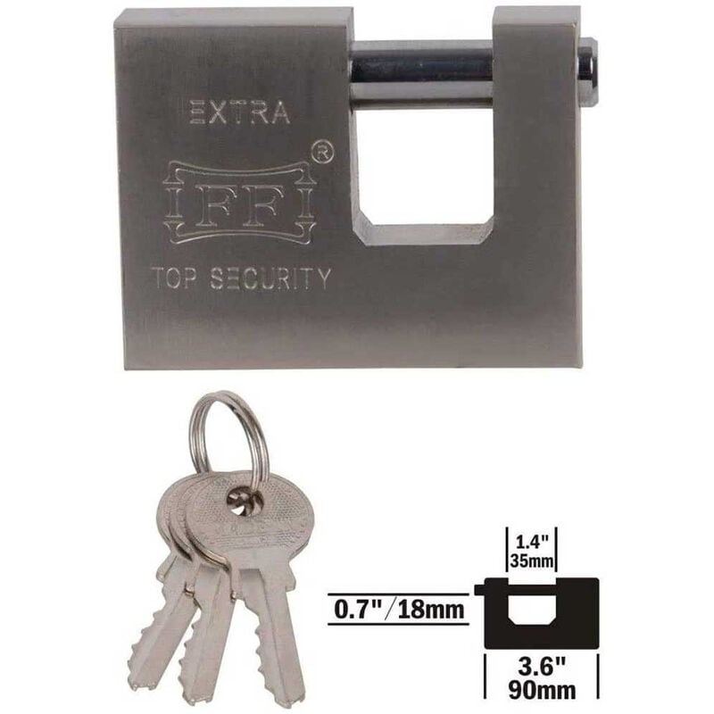 Image of Vetrineinrete - Lucchetto di sicurezza 90 mm con chiave rettangolare in acciaio con 3 chiavi catenaccio per garage porta ripostiglio cancello 92579