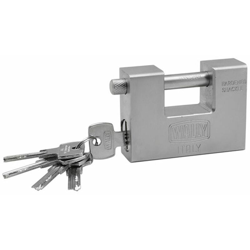 Image of Lucchetto acciaio monoblocco antiscasso 84mm - acciaio cementato x serranda + 5 chiavi eu - Wally