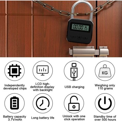Lucchetto digitale a tempo, lucchetto intelligente con display LCD, lucchetto di sicurezza USB, timer elettronico in metallo resistente per cattive abitudini - Tempo massimo di 99 ore, nero