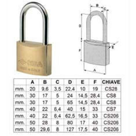 LUCCHETTO IN OTTONE ARCO LUNGO 22011 --  mm.20  -2 chiavi  - FER 64323