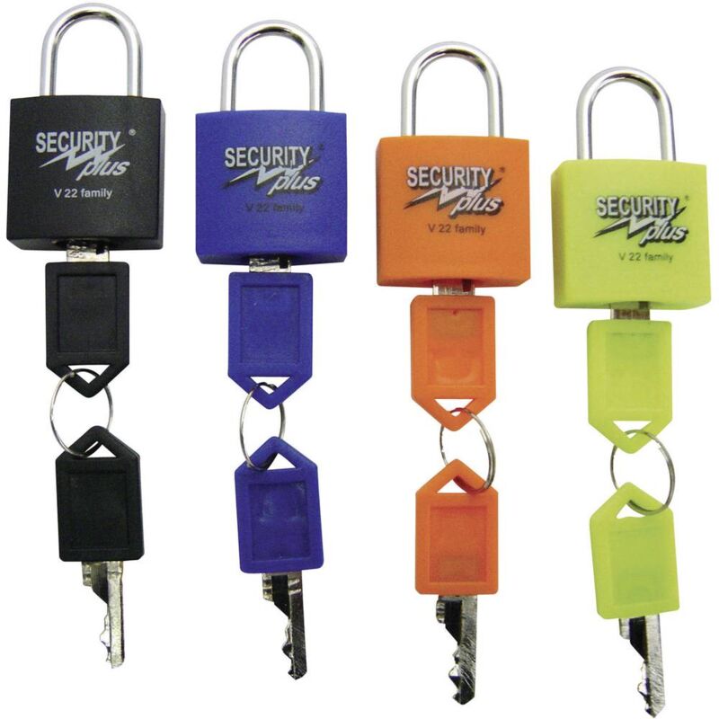 Image of Security Plus - Lucchetto Kit da 4 v 22-4 Giallo Neon , Blu, Arancione, Nero Lucchetto a chiave