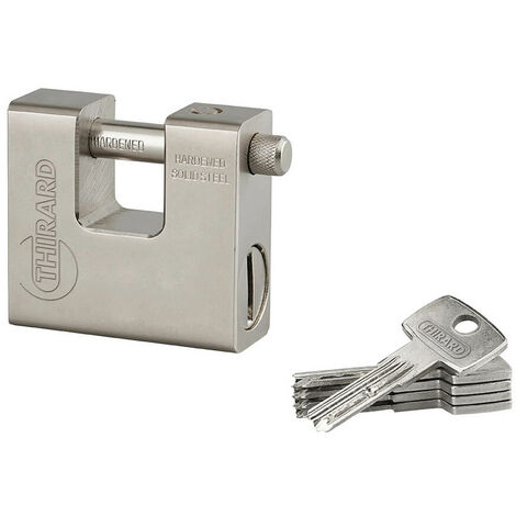 Lucchetto monoblocco rettangolare Thor, acciaio temprato, per serranda, arco in acciaio, 74mm, 5 chiavi reversibili - THIRARD