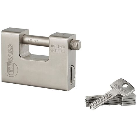 Lucchetto monoblocco rettangolare Thor, acciaio temprato, per serranda, arco in acciaio, 94mm, 5 chiavi reversibili - THIRARD