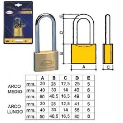 LUCCHETTO OTTONE ARCO LUNGO 2700 IN BLISTER- - mm.30 arco lungo (2770B) - 12 pezzi POTENT