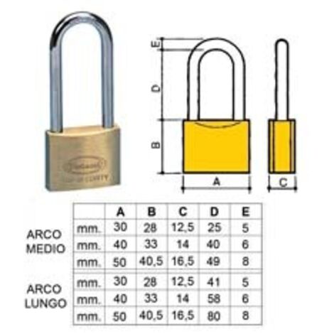 LUCCHETTO OTTONE ARCO LUNGO 2700- - mm.30 arco lungo (2770) - 12 pezzi POTENT