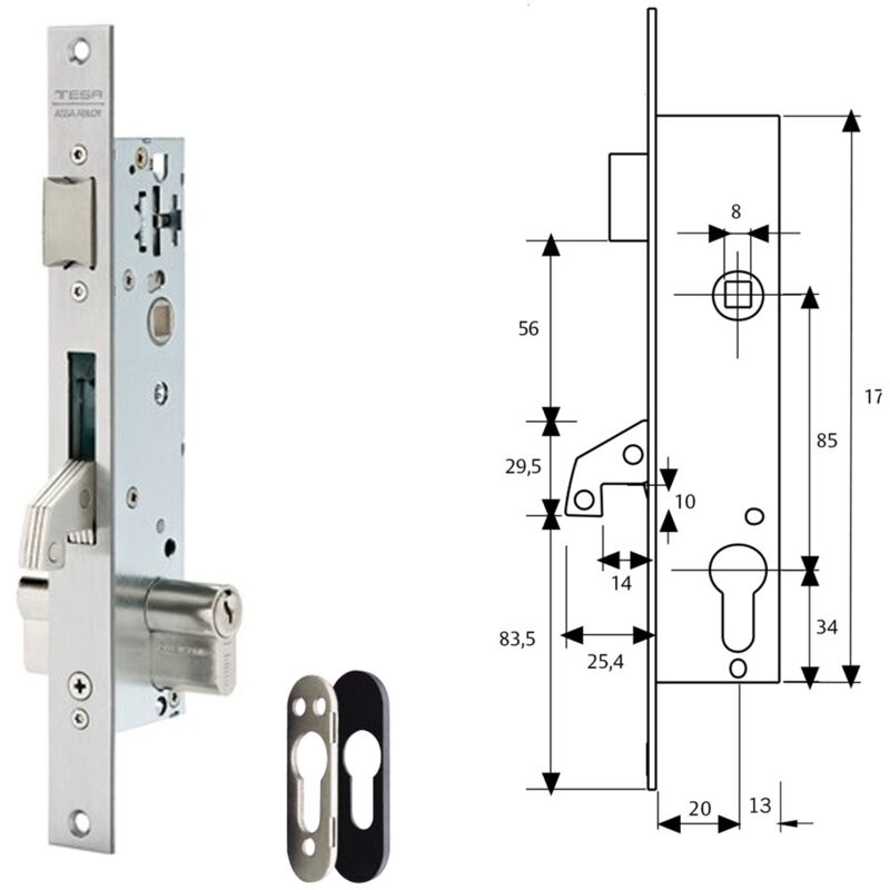 Tesa Assa Abloy - 2240203NI Serratura a punto singolo De Leva a levetta per profili in acciaio inox Entrata 20 mm 2240