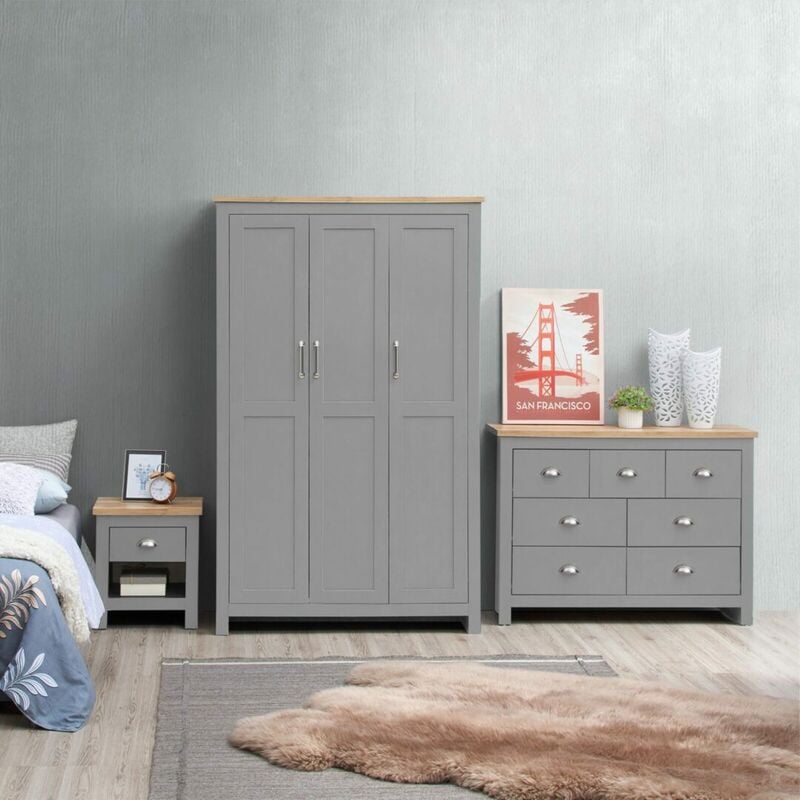 Cisnon Light Grey 3 Piece Set (3 Door Wardrobe, 3+4 Chest, 1 Drw Bedside) Light Grey - Light Grey