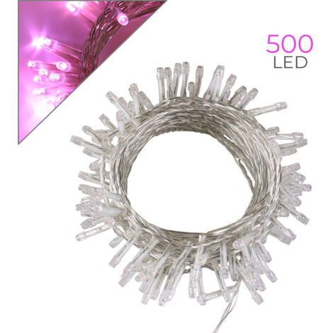 Luccika Home stringa catena 25 mt serie da 500 luci per albero di Natale a led rosa 31V cavo trasparente con 8 giochi di luce e memoria IP44 per uso esterno interno Rosa 25 metri - 500 led