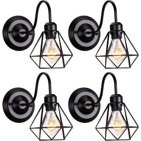 Luce a Muro Interno Design Gabbia Diamant Retrò Vintage Illuminazione E27 per Soggiorno Camera da Letto Scale Nero 4 Pezzi