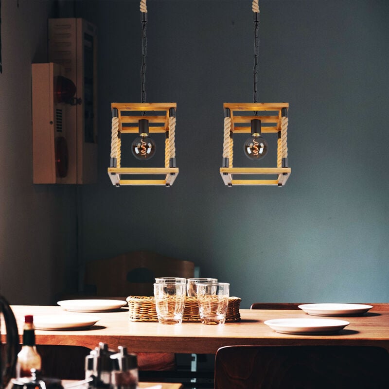 Image of Globo Lighting - Luce a sospensione in legno per sala da pranzo Luce a sospensione in corda di canapa Struttura in legno, metallo nero colore