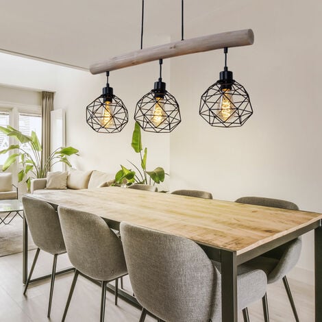 Luce a sospensione Luce a sospensione in legno Luce a sospensione per sala da pranzo vintage, design retrò a 3 fiamme, griglia metallica natura legno nero, 3x prese E27, LxLxH 76x18x120cm