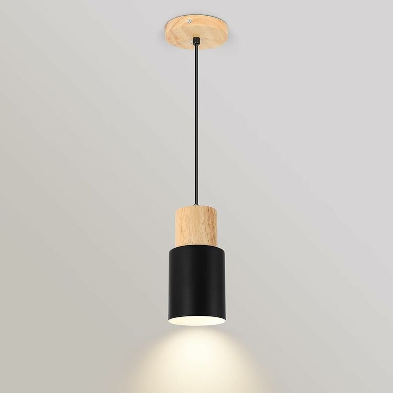 Image of Goeco - Luce a sospensione vintage, plafoniera industriale E27, lampadario in legno retrò regolabile per cucina, soggiorno, camera da letto,